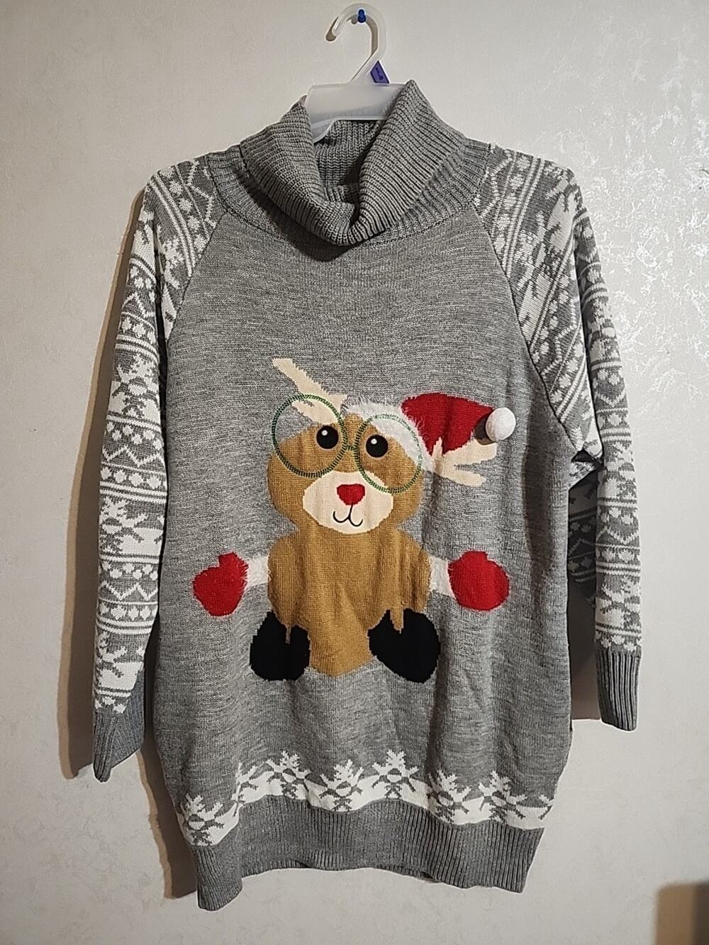 Christmas Cozy Ugly Sweater Long Length Cowl Neck Pockets Grey Reindeer sz XL
